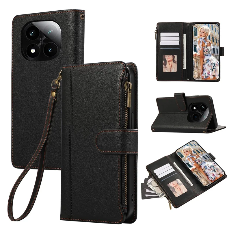 Cover in Pelle con Multi Slot per Carte e Cinturino da Polso per Xiaomi Redmi Note 14 Pro 5G / Note 14 Pro+ 5G / Poco X7 5G - Nero