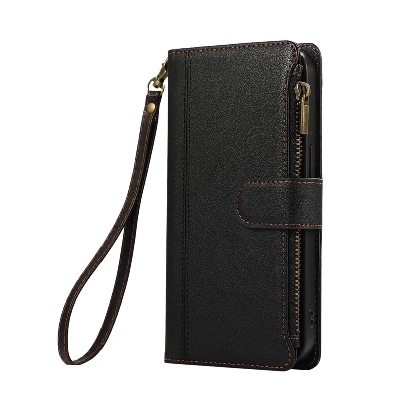 Cover in Pelle con Multi Slot per Carte e Cinturino da Polso per Xiaomi Redmi Note 14 Pro 5G / Note 14 Pro+ 5G / Poco X7 5G - Nero