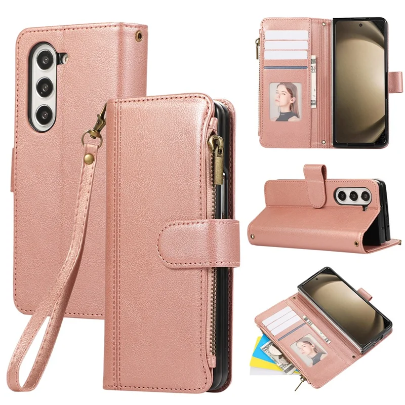 For Samsung Galaxy Z Fold6 5G Case Multi Card Slots Zipper Leather Phone Cover with Wrist Strap - Rose Gold
