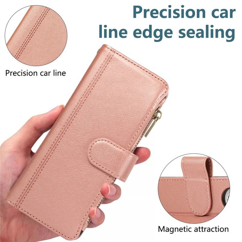 For Samsung Galaxy Z Fold6 5G Case Multi Card Slots Zipper Leather Phone Cover with Wrist Strap - Rose Gold