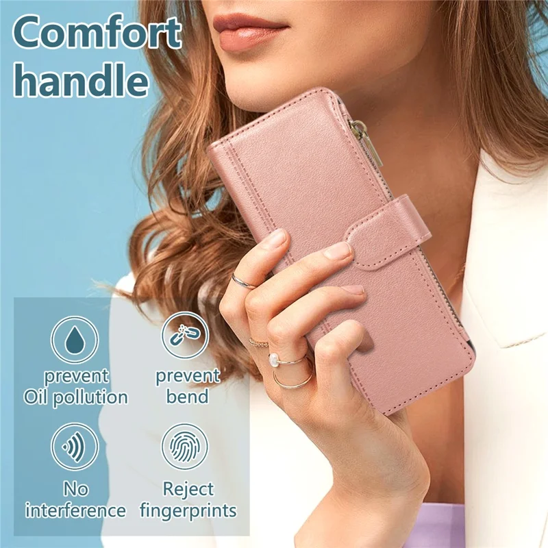 For Samsung Galaxy Z Fold6 5G Case Multi Card Slots Zipper Leather Phone Cover with Wrist Strap - Rose Gold