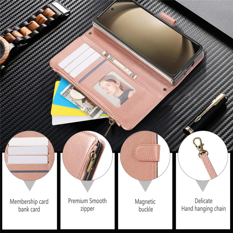 For Samsung Galaxy Z Fold6 5G Case Multi Card Slots Zipper Leather Phone Cover with Wrist Strap - Rose Gold
