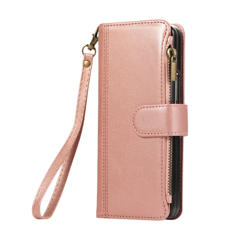 For Samsung Galaxy Z Fold6 5G Case Multi Card Slots Zipper Leather Phone Cover with Wrist Strap - Rose Gold