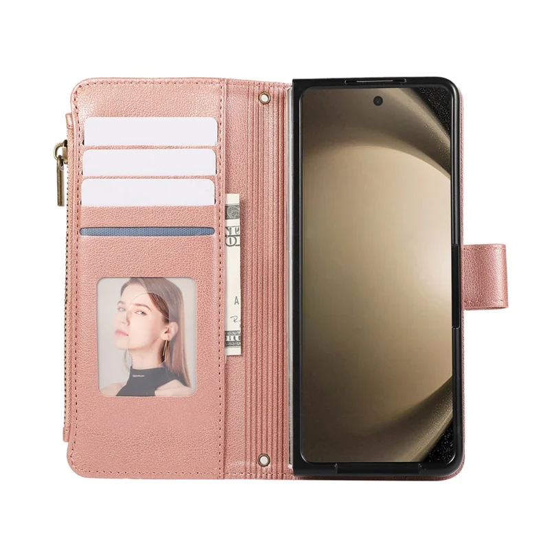 For Samsung Galaxy Z Fold6 5G Case Multi Card Slots Zipper Leather Phone Cover with Wrist Strap - Rose Gold