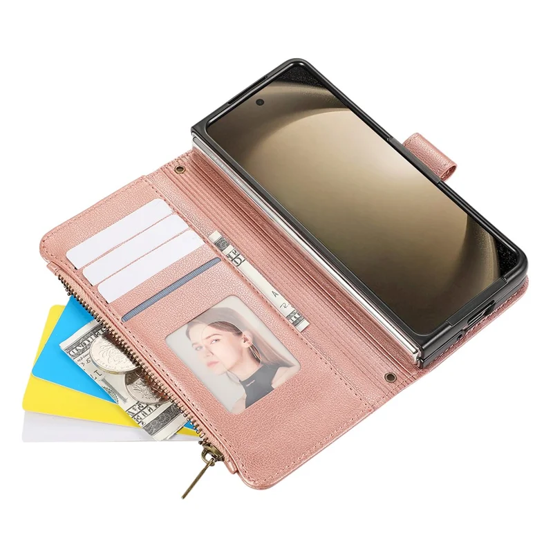 For Samsung Galaxy Z Fold6 5G Case Multi Card Slots Zipper Leather Phone Cover with Wrist Strap - Rose Gold
