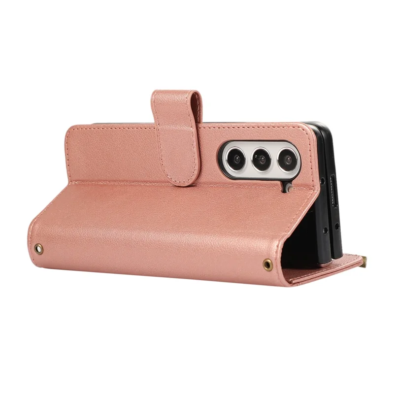 For Samsung Galaxy Z Fold6 5G Case Multi Card Slots Zipper Leather Phone Cover with Wrist Strap - Rose Gold