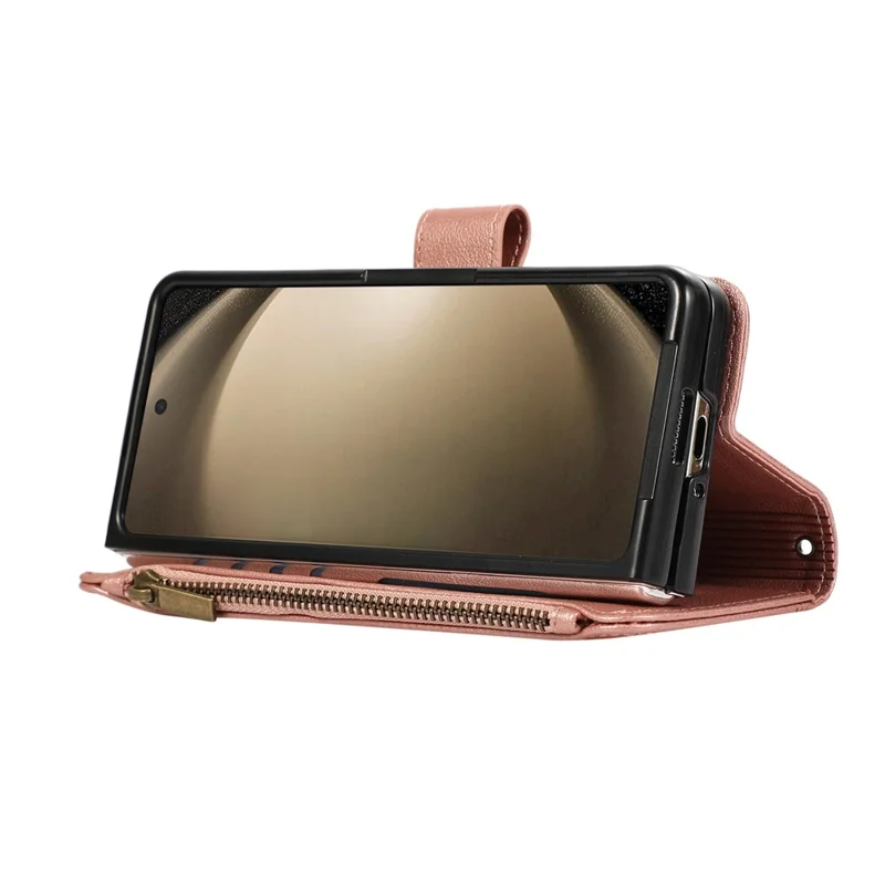 For Samsung Galaxy Z Fold6 5G Case Multi Card Slots Zipper Leather Phone Cover with Wrist Strap - Rose Gold