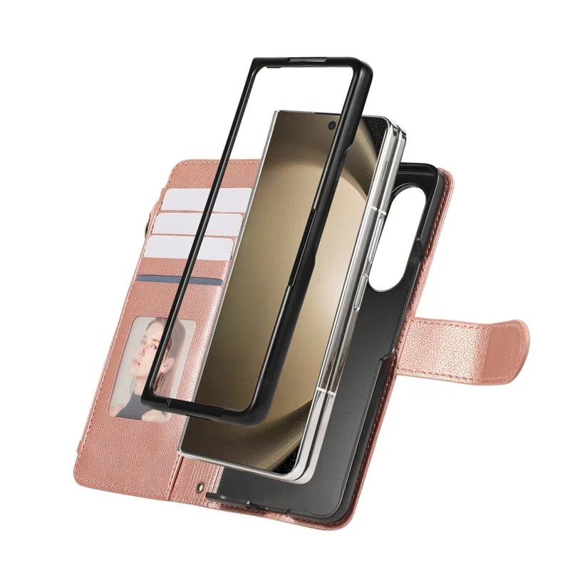 For Samsung Galaxy Z Fold6 5G Case Multi Card Slots Zipper Leather Phone Cover with Wrist Strap - Rose Gold