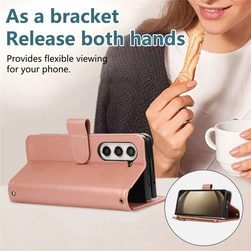 For Samsung Galaxy Z Fold6 5G Case Multi Card Slots Zipper Leather Phone Cover with Wrist Strap - Rose Gold
