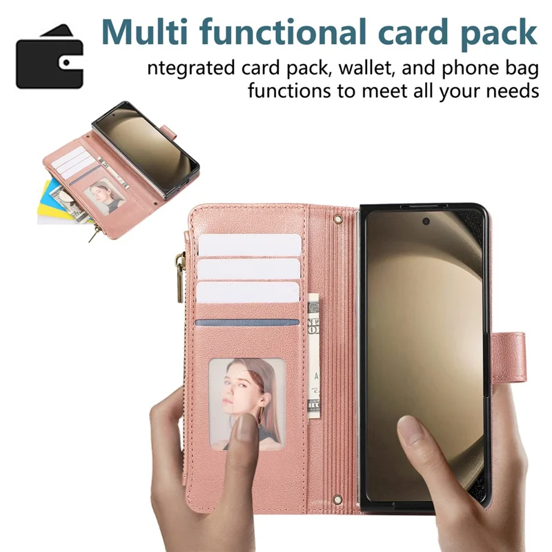 For Samsung Galaxy Z Fold6 5G Case Multi Card Slots Zipper Leather Phone Cover with Wrist Strap - Rose Gold