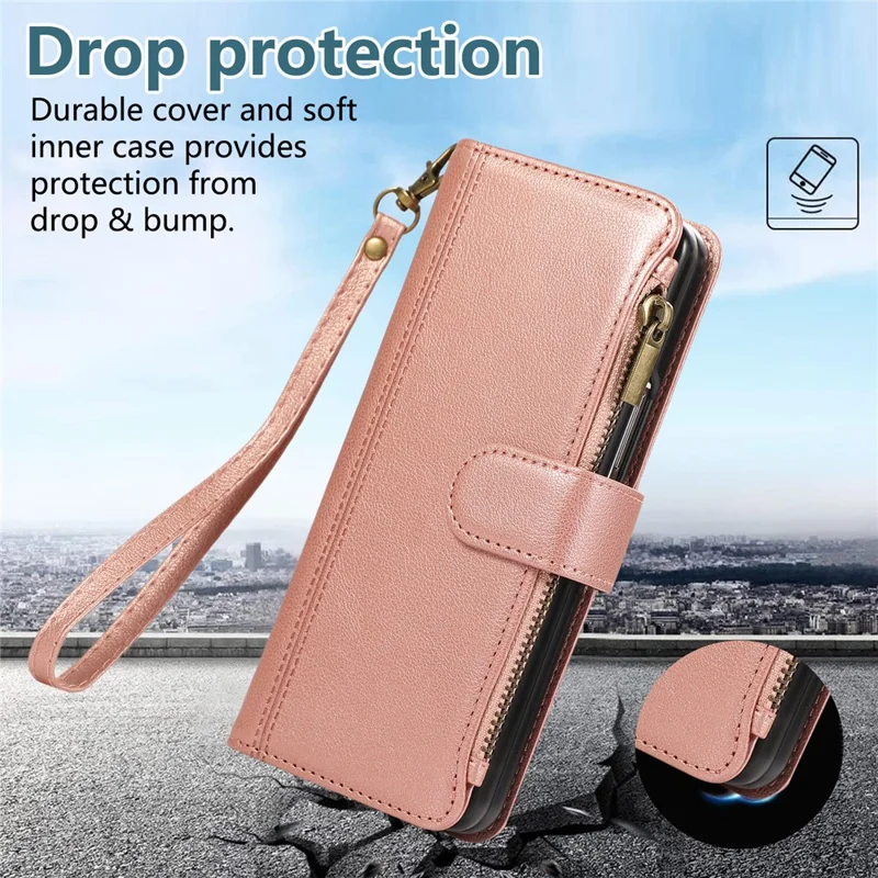 For Samsung Galaxy Z Fold6 5G Case Multi Card Slots Zipper Leather Phone Cover with Wrist Strap - Rose Gold