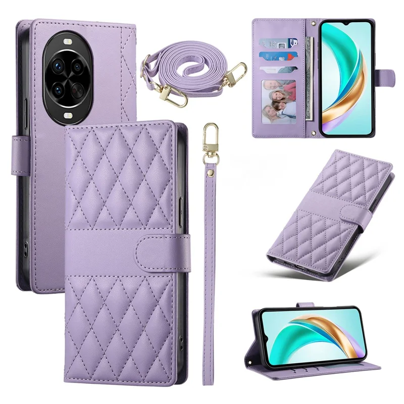 For Huawei nova 14 Pro 5G Case Rhombus Stitching Wallet Stand Leather Phone Cover with Long  /  Short Strap - Purple