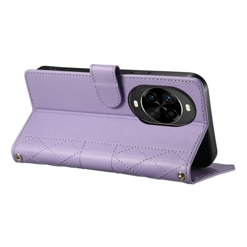 For Huawei nova 14 Pro 5G Case Rhombus Stitching Wallet Stand Leather Phone Cover with Long  /  Short Strap - Purple