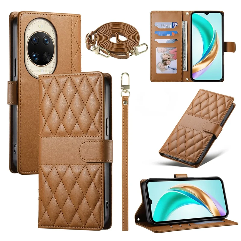 For Huawei nova 14 Ultra 5G Case Rhombus Stitching Wallet Stand Leather Phone Cover with Long  /  Short Strap - Brown
