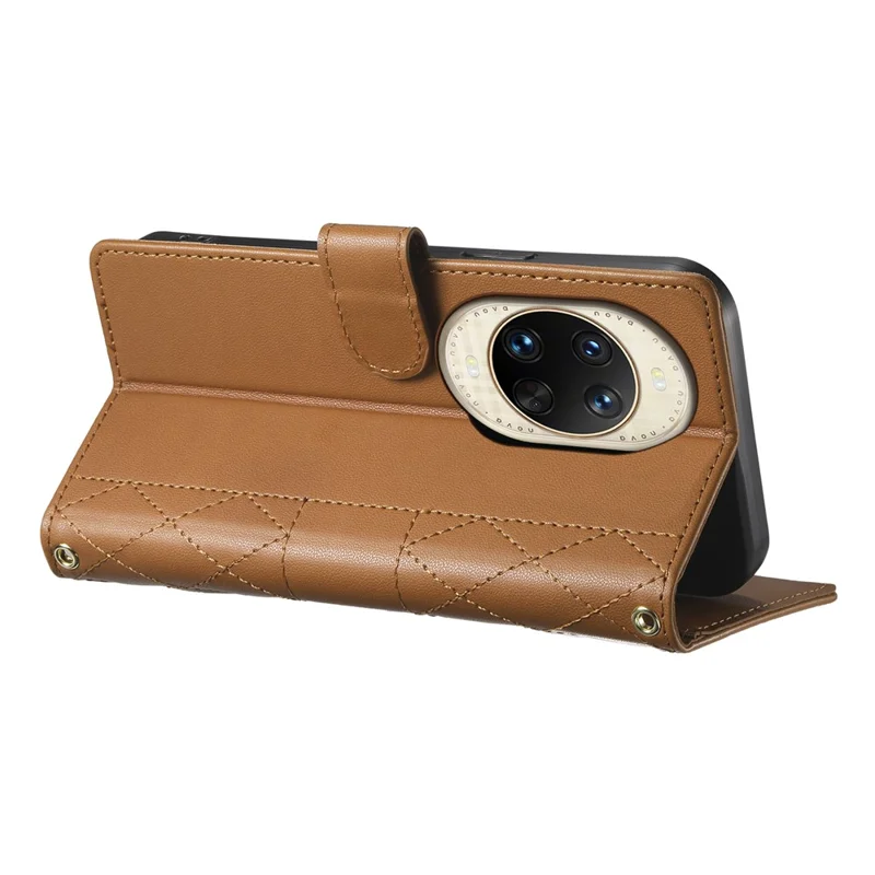 For Huawei nova 14 Ultra 5G Case Rhombus Stitching Wallet Stand Leather Phone Cover with Long  /  Short Strap - Brown