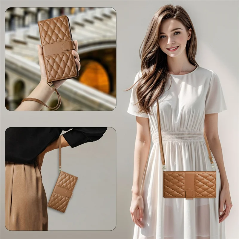 For Huawei nova 14 Ultra 5G Case Rhombus Stitching Wallet Stand Leather Phone Cover with Long  /  Short Strap - Brown