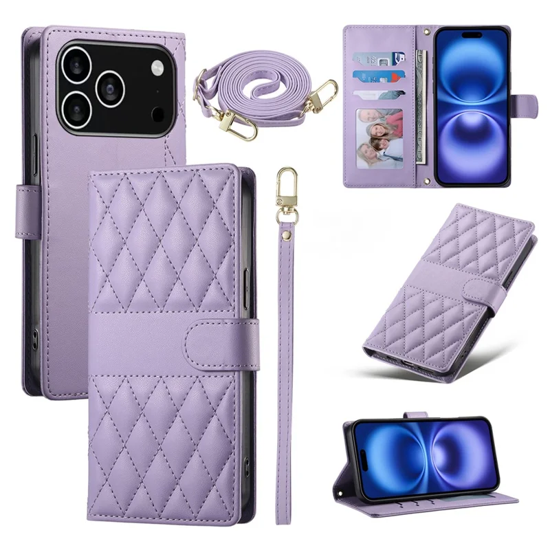 For iPhone 18 Pro / 17 Pro Case Rhombus Stitching Wallet Stand Leather Phone Cover with Long  /  Short Strap - Purple