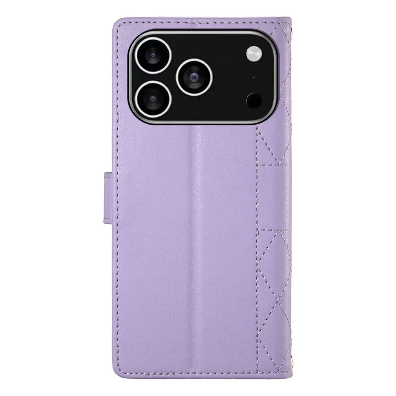 For iPhone 18 Pro / 17 Pro Case Rhombus Stitching Wallet Stand Leather Phone Cover with Long  /  Short Strap - Purple