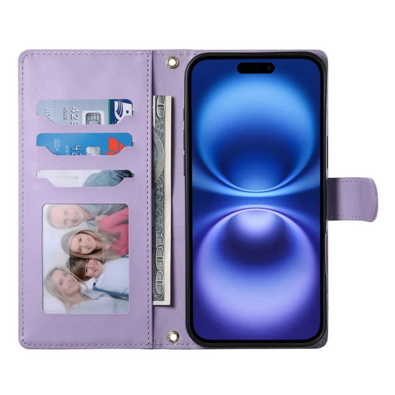 For iPhone 18 Pro / 17 Pro Case Rhombus Stitching Wallet Stand Leather Phone Cover with Long  /  Short Strap - Purple
