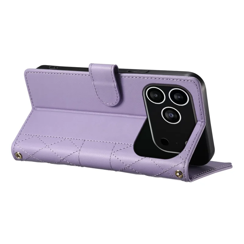 For iPhone 18 Pro / 17 Pro Case Rhombus Stitching Wallet Stand Leather Phone Cover with Long  /  Short Strap - Purple