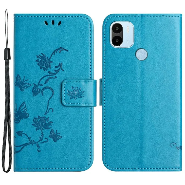 Para Xiaomi Redmi A1 4G Butterfly Flower Case de Teléfono Impreso PU Leather + TPU Anti-scratch Willet Cover Cover - Azul