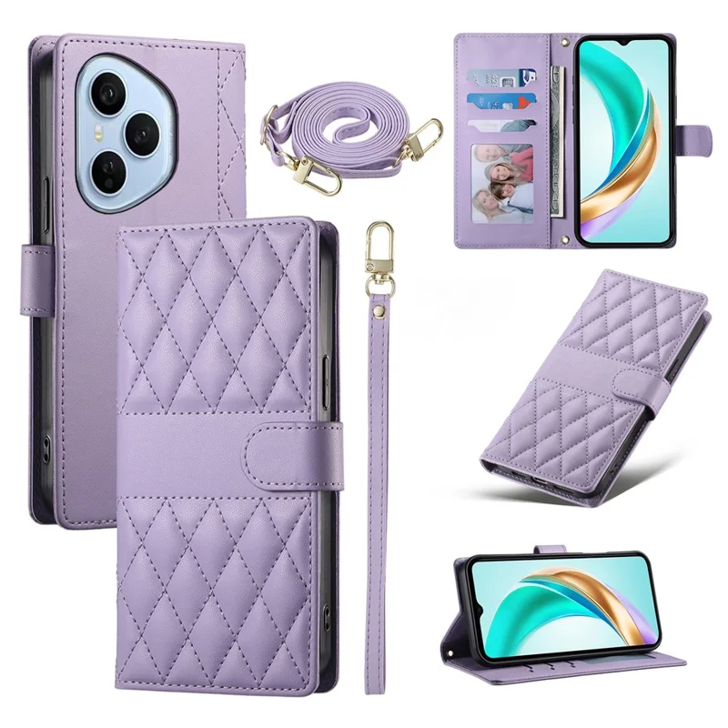 For Honor 400 Pro 5G (Global) Case Rhombus Stitching Wallet Stand Leather Phone Cover with Long  /  Short Strap - Purple