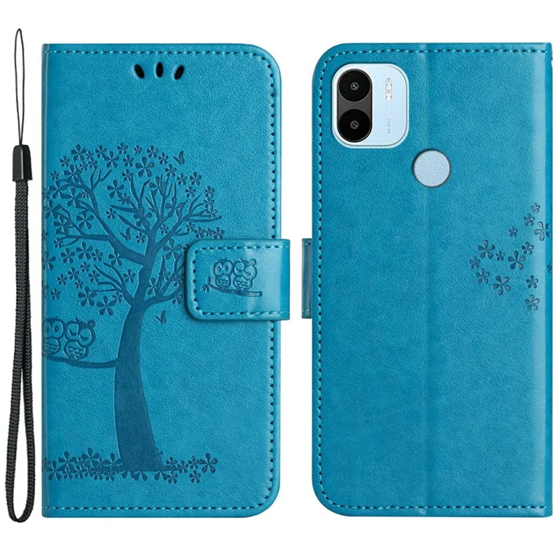Magnetic Clasp Phone Cover For Xiaomi Redmi A1 4G / A2 4G , Anti-scratch PU Leather Imprinted Owl Tree Pattern Phone Case Wallet Stand - Blue