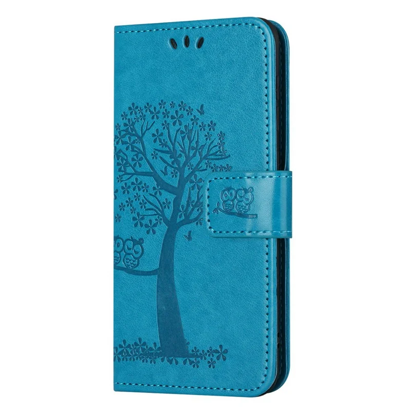 Magnetic Clasp Phone Cover For Xiaomi Redmi A1 4G / A2 4G , Anti-scratch PU Leather Imprinted Owl Tree Pattern Phone Case Wallet Stand - Blue
