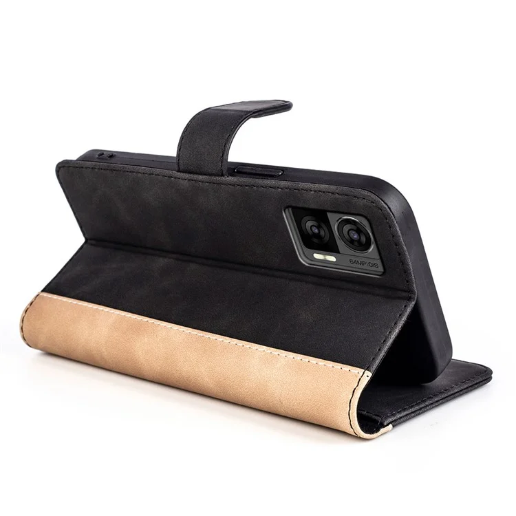 Para Motorola Edge 30 Neo 5G Color Splicing PU Leather Shockproof Stand Wallet Case Magnetic Clasp Protective Cover - Preto