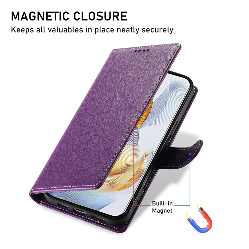 For Huawei nova 14 Pro 5G Case Magnetic Snap Litchi Texture Leather Wallet Phone Cover with Wrist Strap - Purple