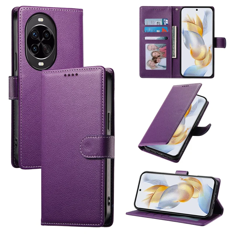 For Huawei nova 14 Pro 5G Case Magnetic Snap Litchi Texture Leather Wallet Phone Cover with Wrist Strap - Purple