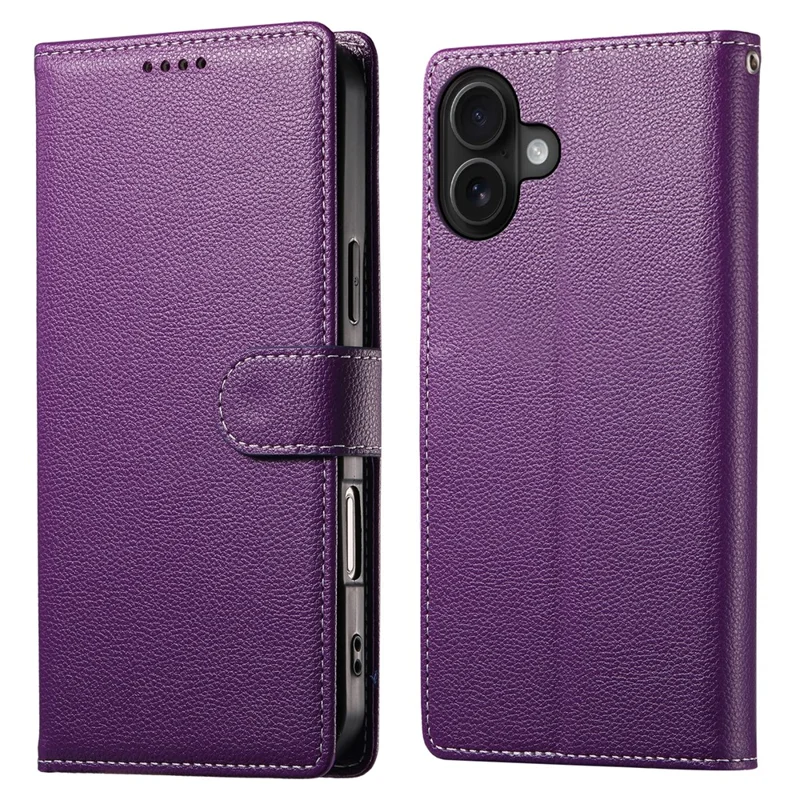For iPhone 17 Case Magnetic Snap Litchi Texture Leather Wallet Phone Cover with Wrist Strap - Purple