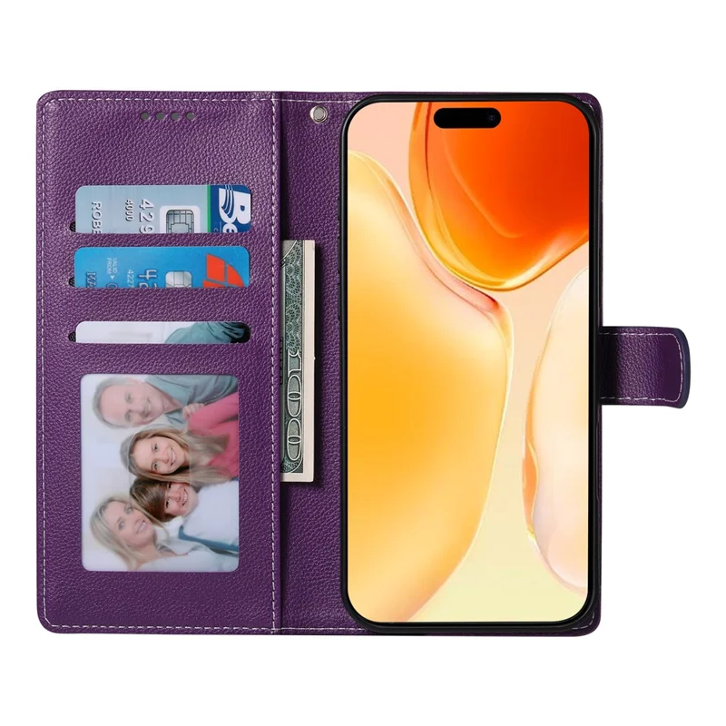 For iPhone 17 Case Magnetic Snap Litchi Texture Leather Wallet Phone Cover with Wrist Strap - Purple