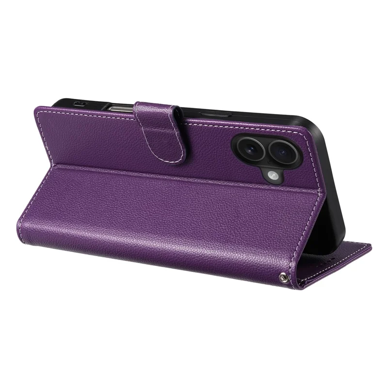 For iPhone 17 Case Magnetic Snap Litchi Texture Leather Wallet Phone Cover with Wrist Strap - Purple