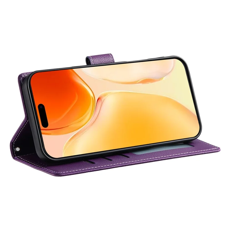 For iPhone 17 Case Magnetic Snap Litchi Texture Leather Wallet Phone Cover with Wrist Strap - Purple