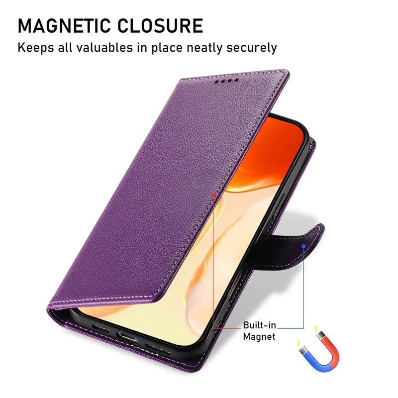 For iPhone 17 Case Magnetic Snap Litchi Texture Leather Wallet Phone Cover with Wrist Strap - Purple