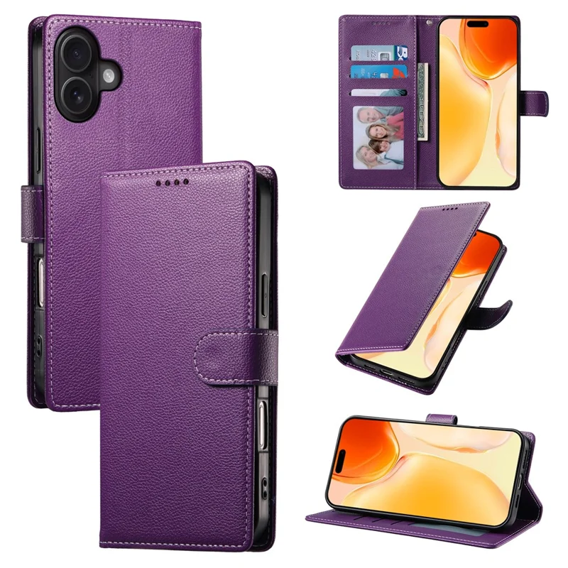 For iPhone 17 Case Magnetic Snap Litchi Texture Leather Wallet Phone Cover with Wrist Strap - Purple