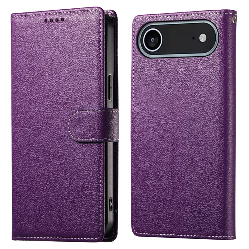 Чехол Magnetic Snap для iPhone 17 из кожи с текстурой личи, с кошельком и ремешком на запястье - Фиолетовый