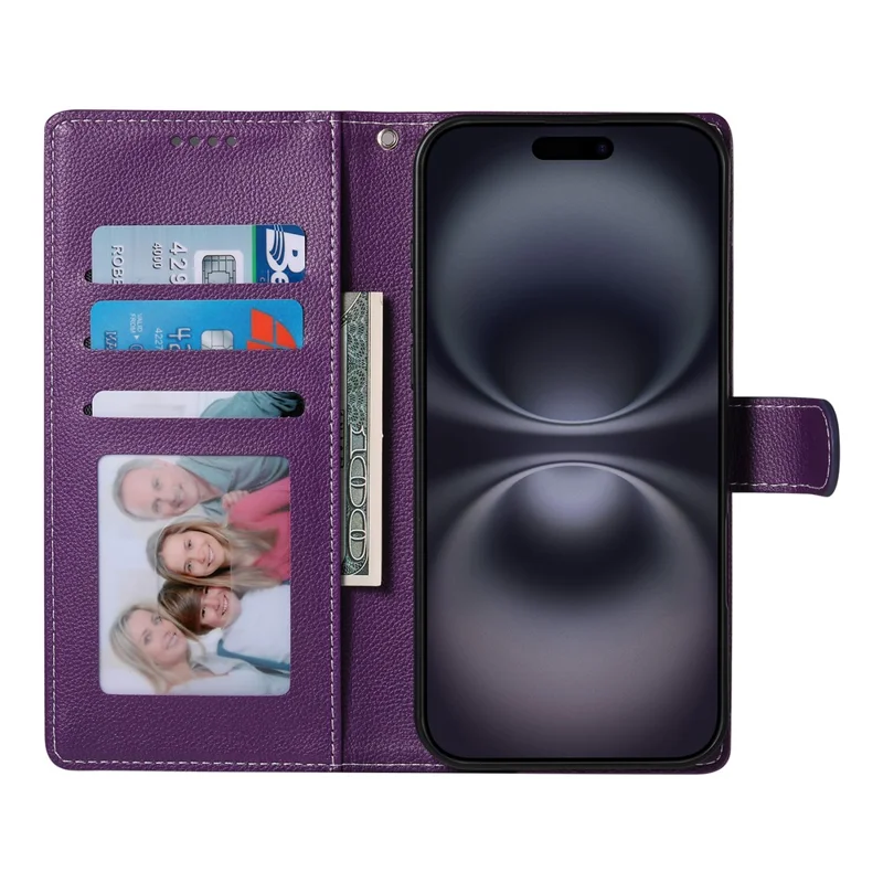 Чехол Magnetic Snap для iPhone 17 из кожи с текстурой личи, с кошельком и ремешком на запястье - Фиолетовый