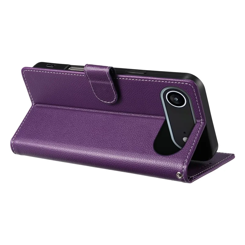 Чехол Magnetic Snap для iPhone 17 из кожи с текстурой личи, с кошельком и ремешком на запястье - Фиолетовый