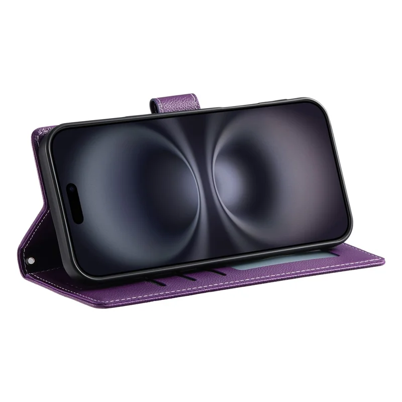 Чехол Magnetic Snap для iPhone 17 из кожи с текстурой личи, с кошельком и ремешком на запястье - Фиолетовый
