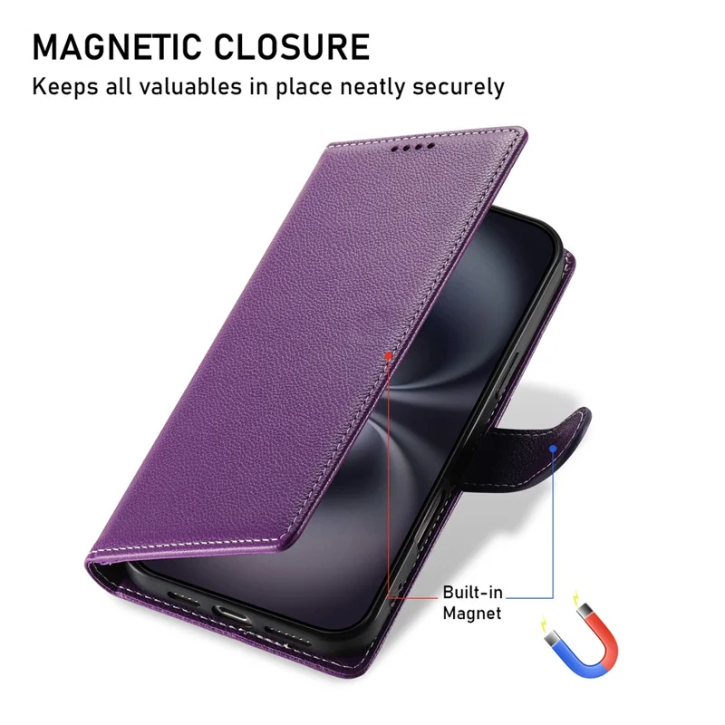 Чехол Magnetic Snap для iPhone 17 из кожи с текстурой личи, с кошельком и ремешком на запястье - Фиолетовый