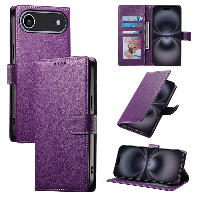 Чехол Magnetic Snap для iPhone 17 из кожи с текстурой личи, с кошельком и ремешком на запястье - Фиолетовый