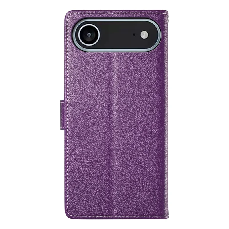 Чехол Magnetic Snap для iPhone 17 из кожи с текстурой личи, с кошельком и ремешком на запястье - Фиолетовый
