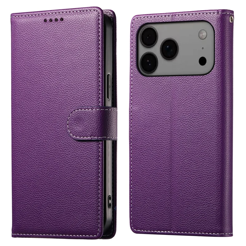 Voor iPhone 17 Pro Max hoesje Magnetische sluiting Litchi structuur Lederen portemonnee hoes met polsbandje - Paars