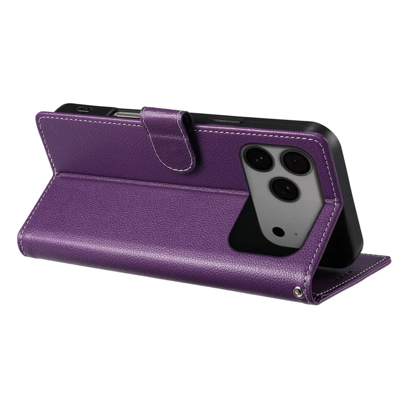 Voor iPhone 17 Pro Max hoesje Magnetische sluiting Litchi structuur Lederen portemonnee hoes met polsbandje - Paars