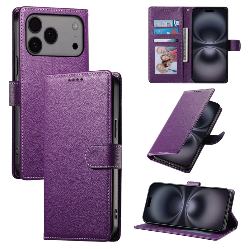 Voor iPhone 17 Pro Max hoesje Magnetische sluiting Litchi structuur Lederen portemonnee hoes met polsbandje - Paars