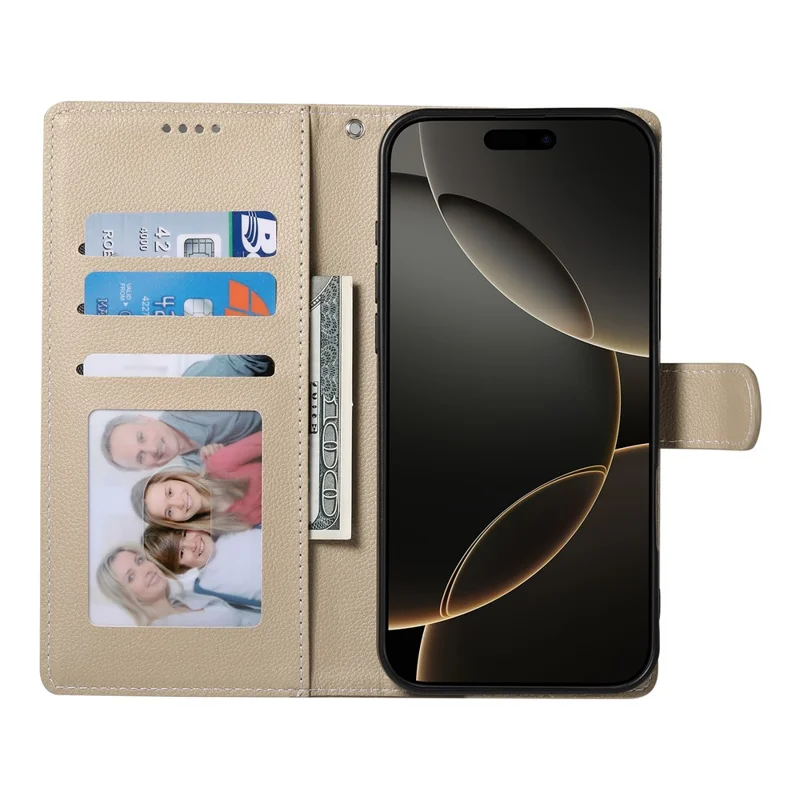 For iPhone 17 Pro Max Case Magnetic Snap Litchi Texture Leather Wallet Phone Cover with Wrist Strap - Apricot