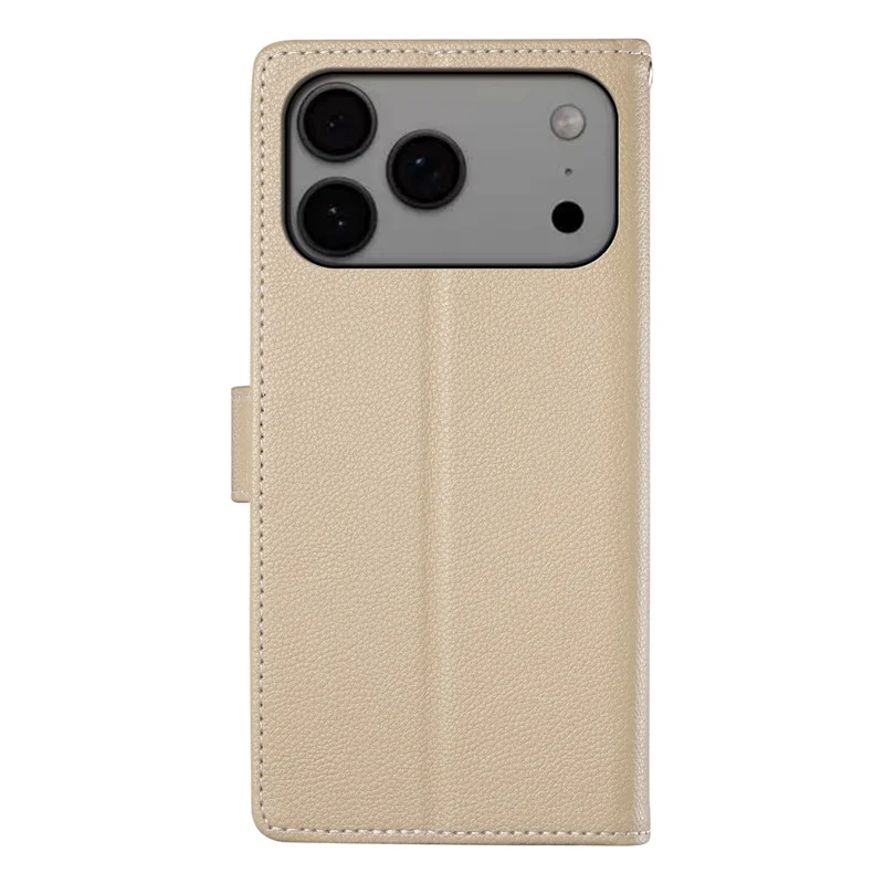 For iPhone 17 Pro Max Case Magnetic Snap Litchi Texture Leather Wallet Phone Cover with Wrist Strap - Apricot
