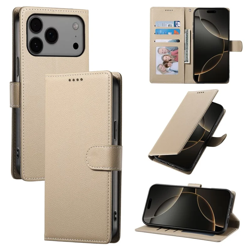 For iPhone 17 Pro Max Case Magnetic Snap Litchi Texture Leather Wallet Phone Cover with Wrist Strap - Apricot